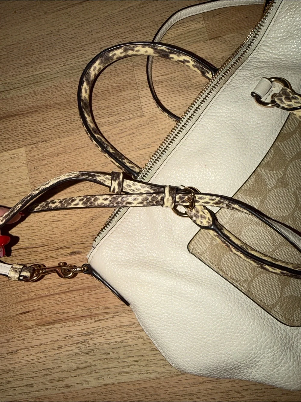 Coach Cream Leather Crossbody Satchel with Signature Canvas Pocket